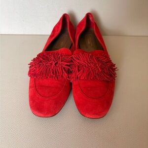 Aquazzura Firenze Red Suede Tassel Flats Loafers Size 38 Made in Italy